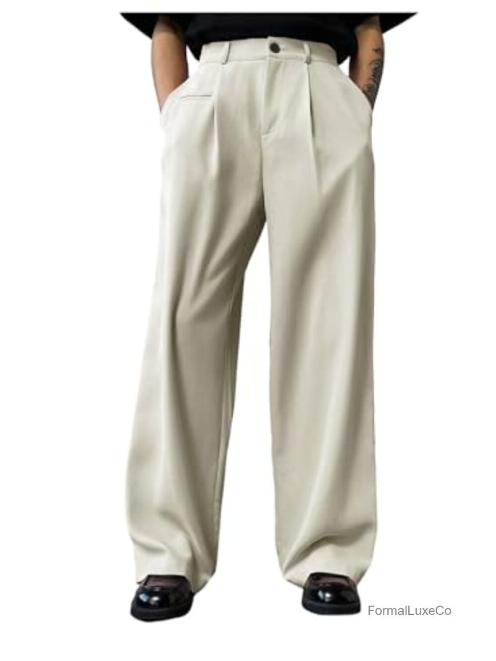 Men's Pleated Low Waist Wide Leg Loose Suit Dress Pants Casual